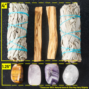 Sage Smudge Kit with Feather, 2 Sage Bundles, 2 Palo Santo Sticks, Abalone Shell + Stand, Amethyst, Rose Quartz, Clear Quartz, Tigers Eye