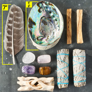 Sage Smudge Kit with Feather, 2 Sage Bundles, 2 Palo Santo Sticks, Abalone Shell + Stand, Amethyst, Rose Quartz, Clear Quartz, Tigers Eye