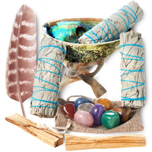 White Sage Smudge Kit + Feather, 3 Sage Bundles, 2 Palo Santo Sticks, Abalone Shell + Stand, 8 Chakra Healing Stones / Crystals For Smudging
