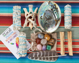White Sage Smudge Kit + Feather, 3 Sage Bundles, 2 Palo Santo Sticks, Abalone Shell + Stand, 8 Chakra Healing Stones / Crystals For Smudging